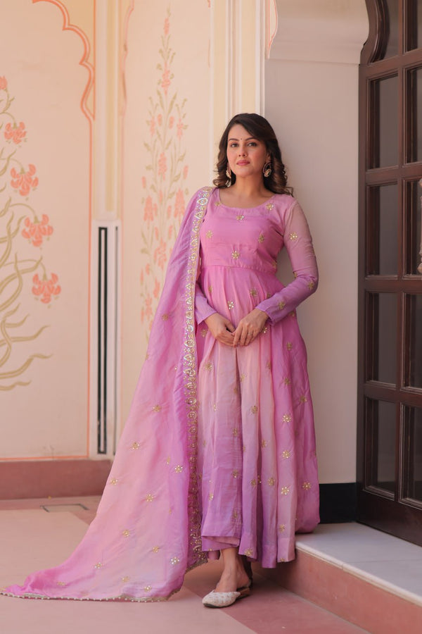 Light Pink Pedding Gold Organza Embroidered Gown with Dupatta Umbrella Flair & Sequin Zari Work ClothsVilla