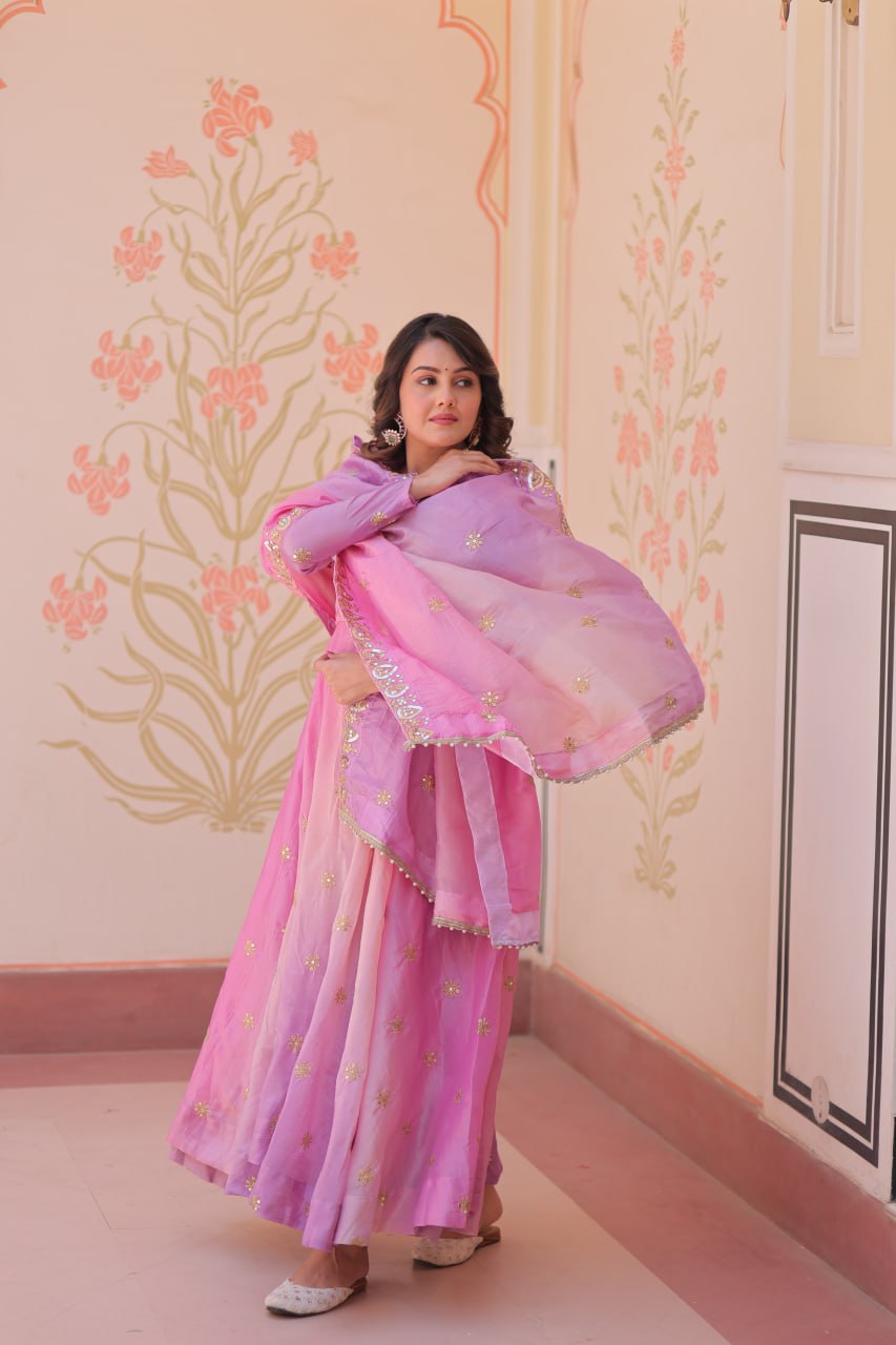 Light Pink Pedding Gold Organza Embroidered Gown with Dupatta Umbrella Flair & Sequin Zari Work ClothsVilla