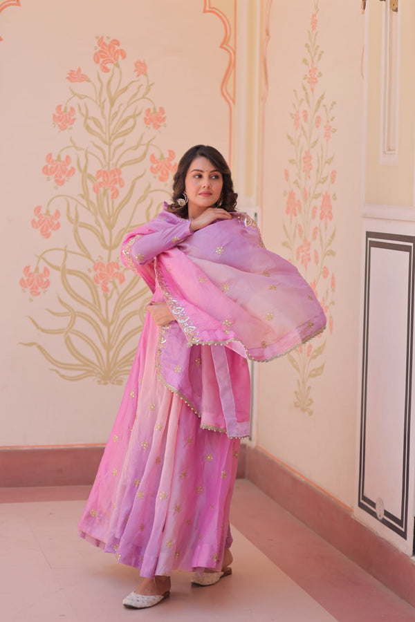 Light Pink Pedding Gold Organza Embroidered Gown with Dupatta Umbrella Flair & Sequin Zari Work ClothsVilla