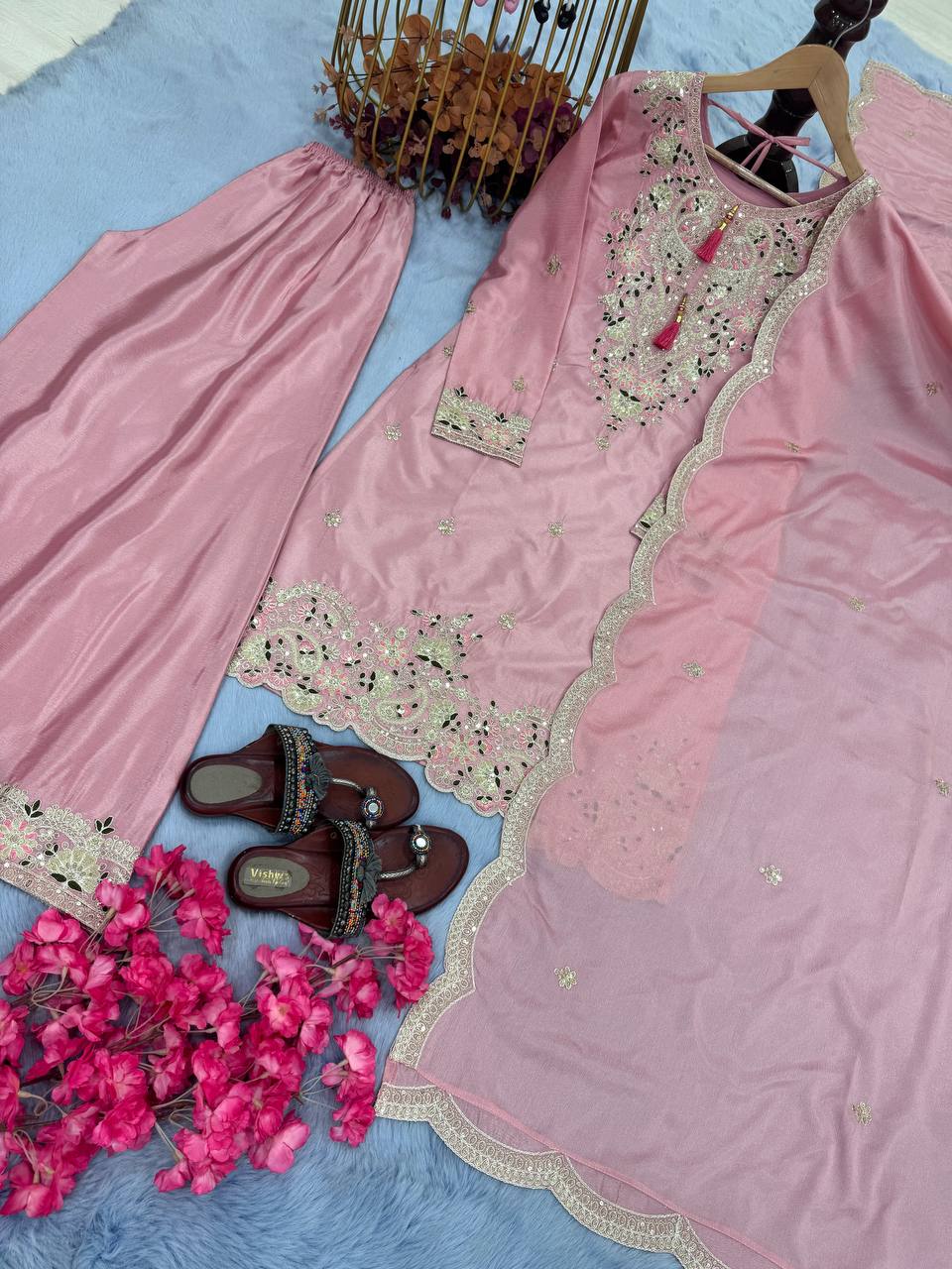 Light Pink Premium Designer Chinon Silk Party Wear Top, Plazzo & Dupatta Set