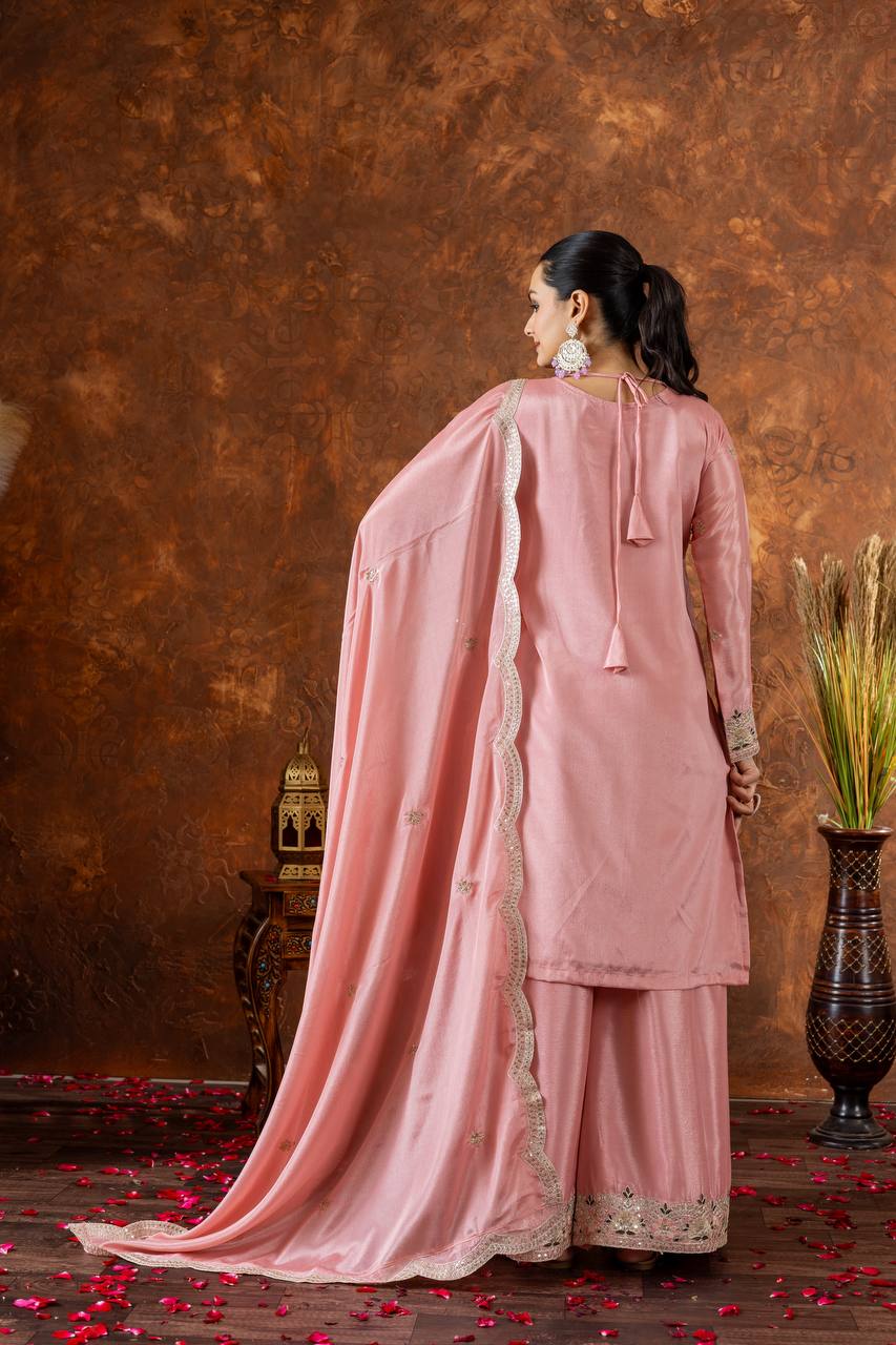 Light Pink Premium Designer Chinon Silk Party Wear Top, Plazzo & Dupatta Set