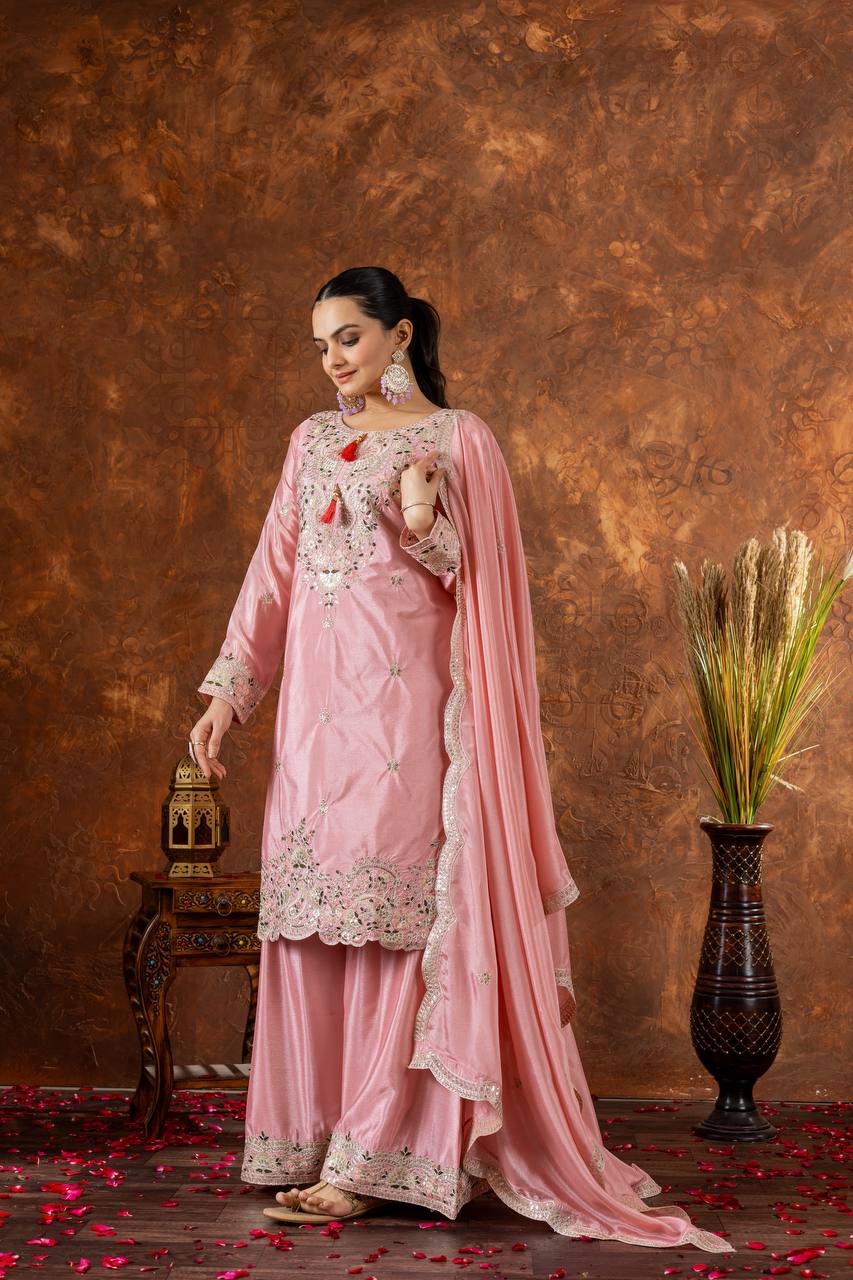 Light Pink Premium Designer Chinon Silk Party Wear Top, Plazzo & Dupatta Set