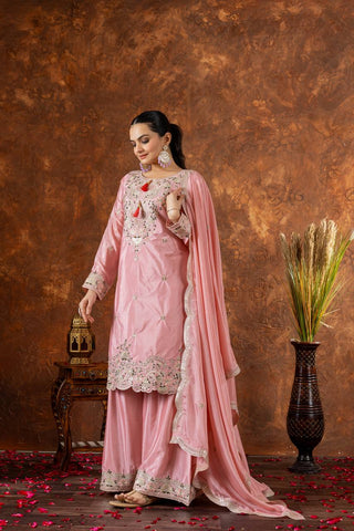 Light Pink Premium Designer Chinon Silk Party Wear Top, Plazzo & Dupatta Set