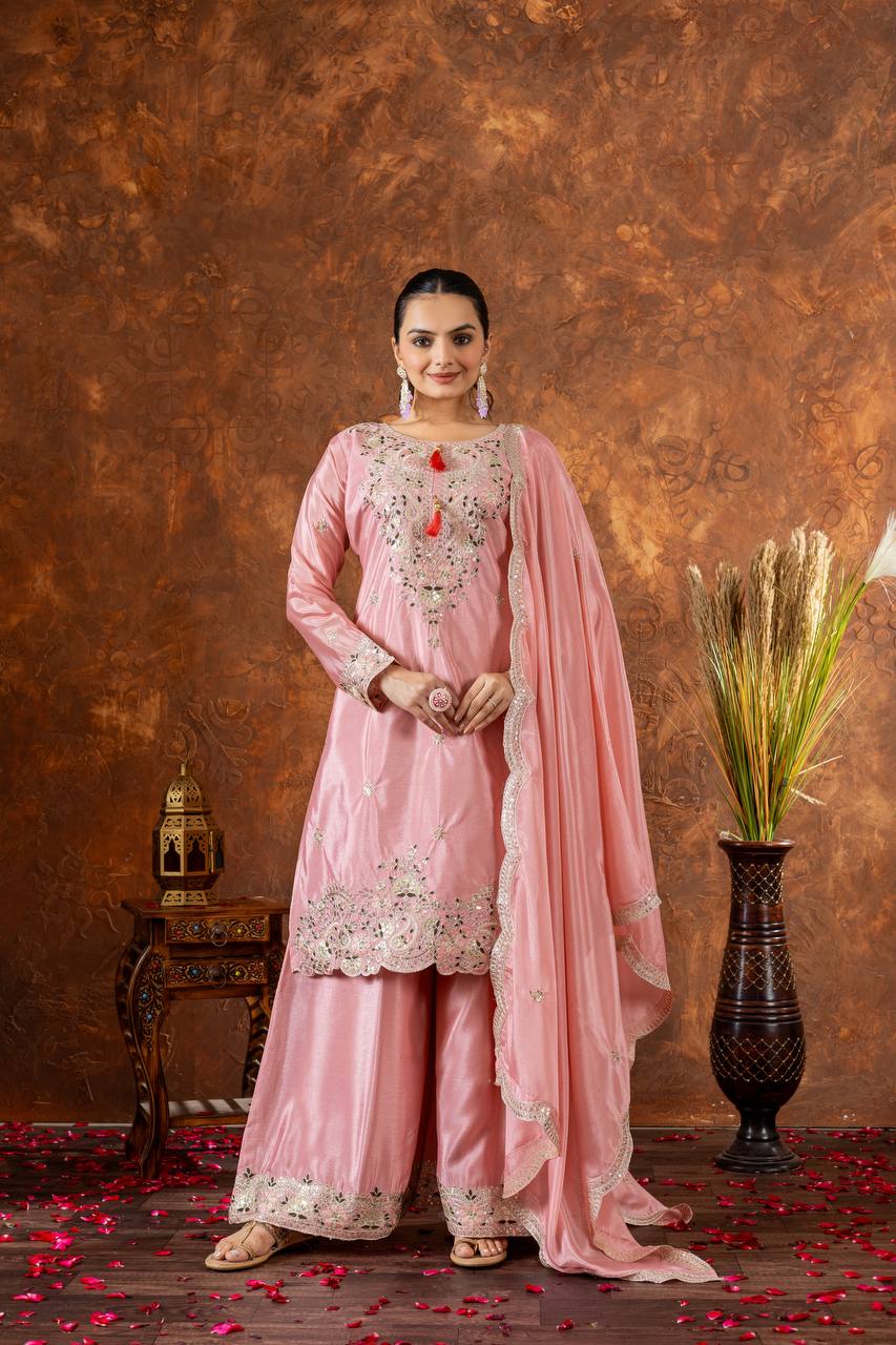 Light Pink Premium Designer Chinon Silk Party Wear Top, Plazzo & Dupatta Set