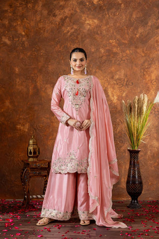 Light Pink Premium Designer Chinon Silk Party Wear Top, Plazzo & Dupatta Set