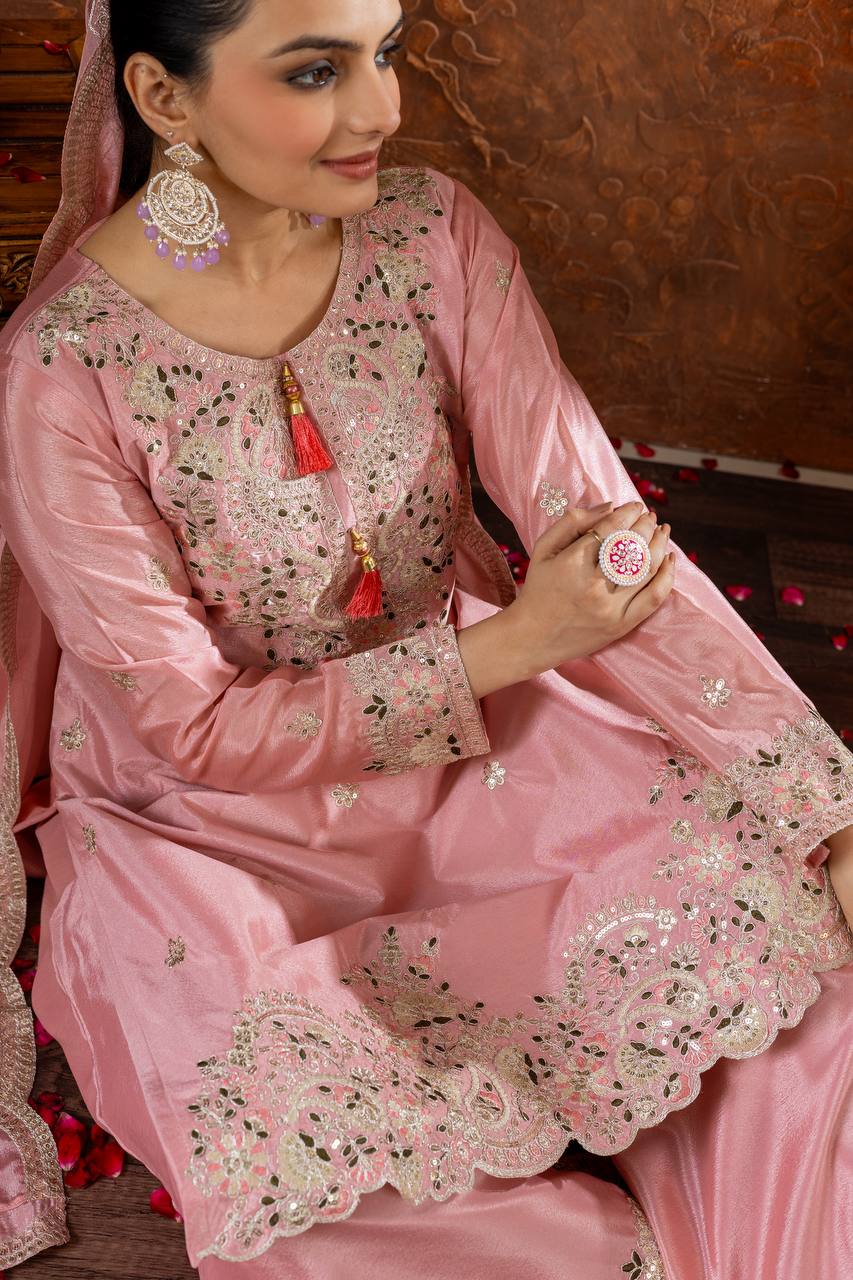 Light Pink Premium Designer Chinon Silk Party Wear Top, Plazzo & Dupatta Set