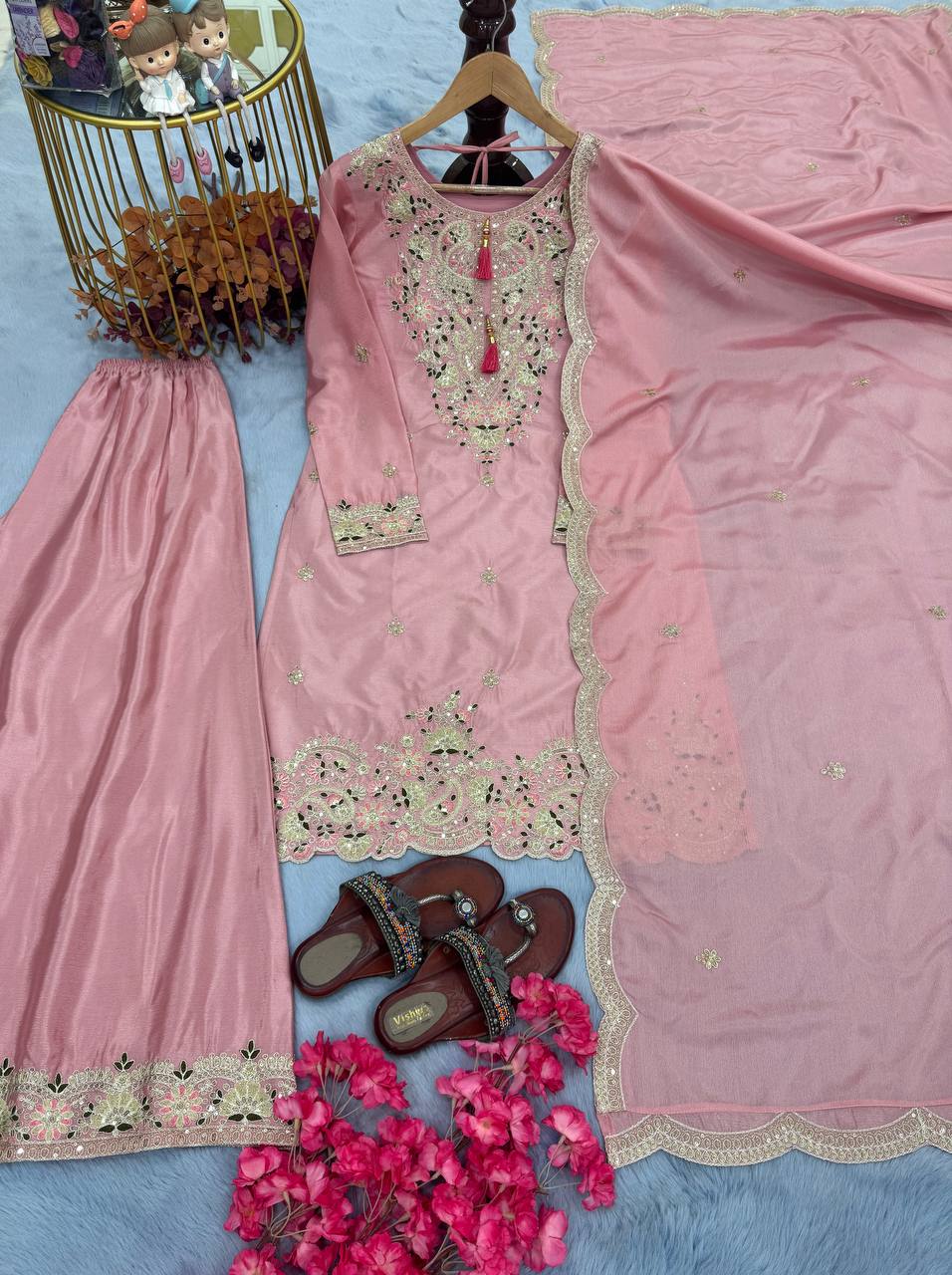 Light Pink Premium Designer Chinon Silk Party Wear Top, Plazzo & Dupatta Set