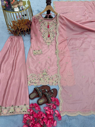 Light Pink Premium Designer Chinon Silk Party Wear Top, Plazzo & Dupatta Set