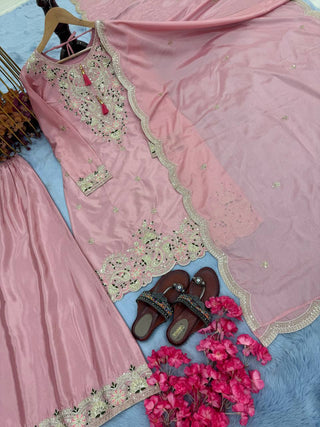 Light Pink Premium Designer Chinon Silk Party Wear Top, Plazzo & Dupatta Set