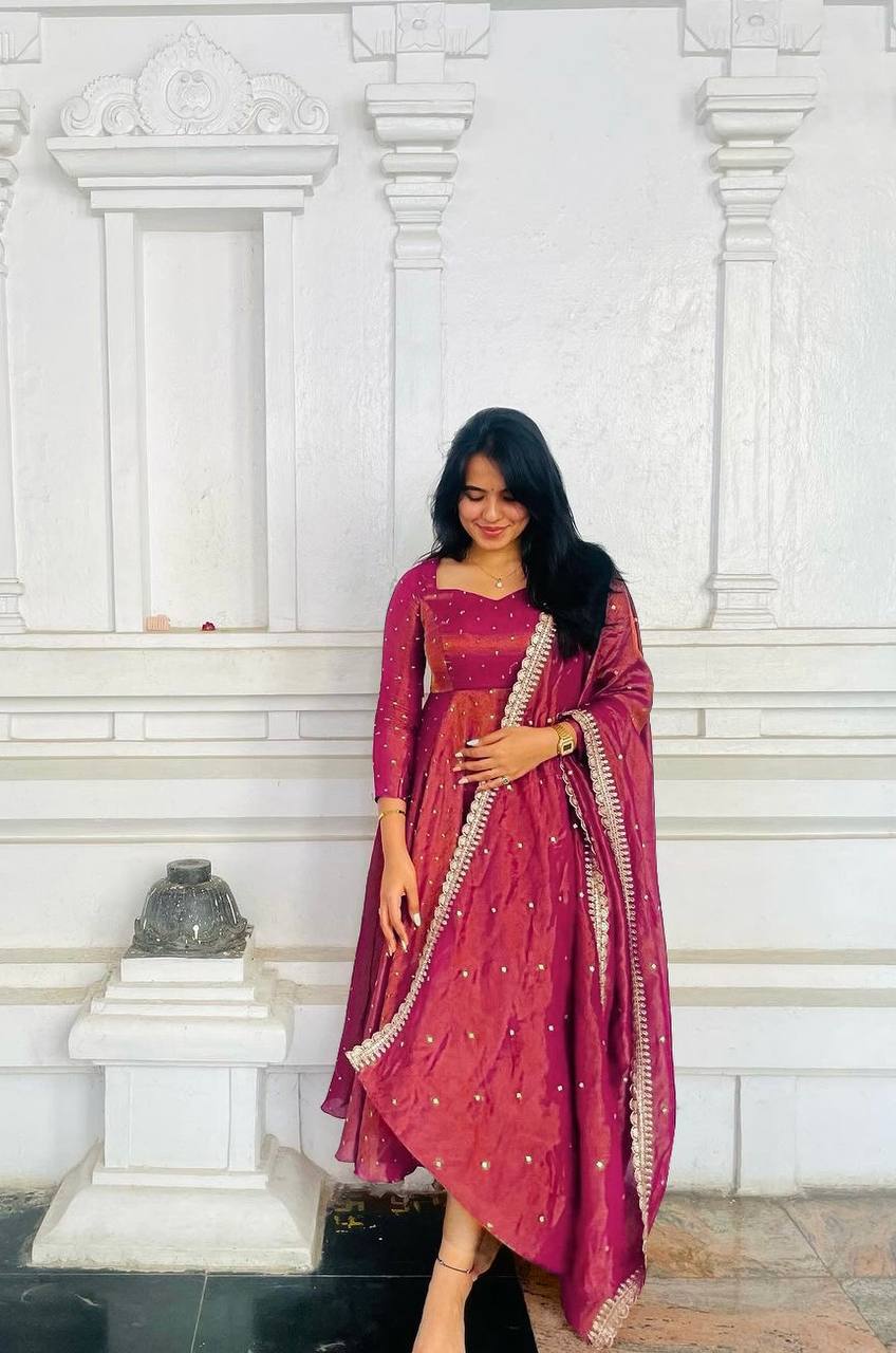 Light Pink Premium Designer Party Wear Pur Twil Gold Net Anarkali Gown, Dupatta Set – Elegant Festive Look ClothsVilla