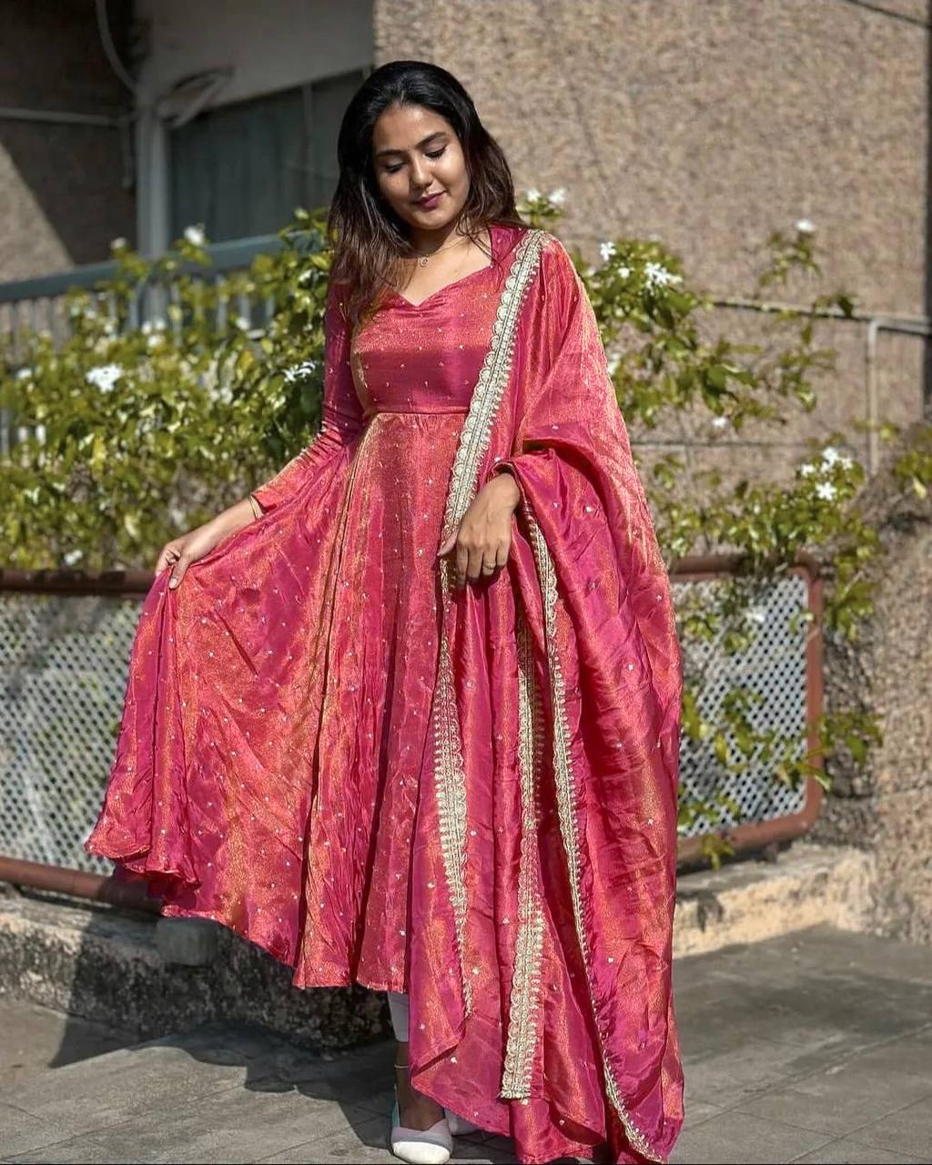 Light Pink Premium Designer Party Wear Pur Twil Gold Net Anarkali Gown, Dupatta Set – Elegant Festive Look ClothsVilla Main image