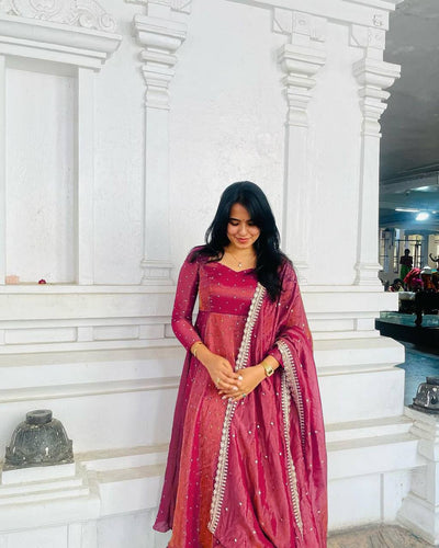 Light Pink Premium Designer Party Wear Pur Twil Gold Net Anarkali Gown, Dupatta Set – Elegant Festive Look ClothsVilla