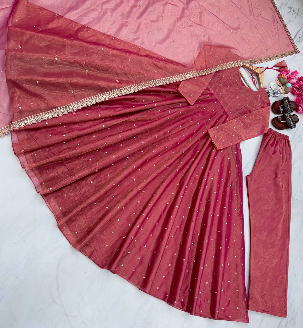 Light Pink Premium Designer Party Wear Pur Twil Gold Net Anarkali Gown, Dupatta Set – Elegant Festive Look ClothsVilla
