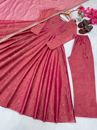 Light Pink Premium Designer Party Wear Pur Twil Gold Net Anarkali Gown, Dupatta Set – Elegant Festive Look ClothsVilla