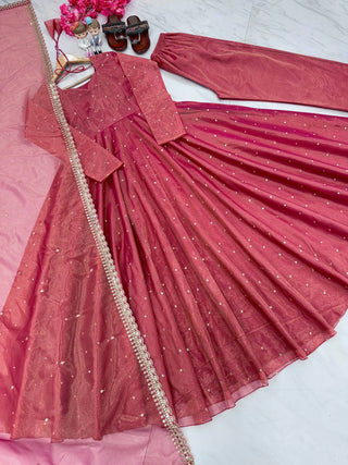 Light Pink Premium Designer Party Wear Pur Twil Gold Net Anarkali Gown, Dupatta Set – Elegant Festive Look ClothsVilla