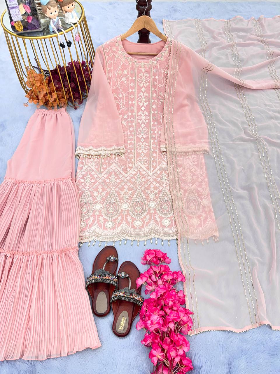 Light Pink Premium Designer Party Wear Top, Sarara & Dupatta Set – Elegant Faux Georgette Clothsvilla