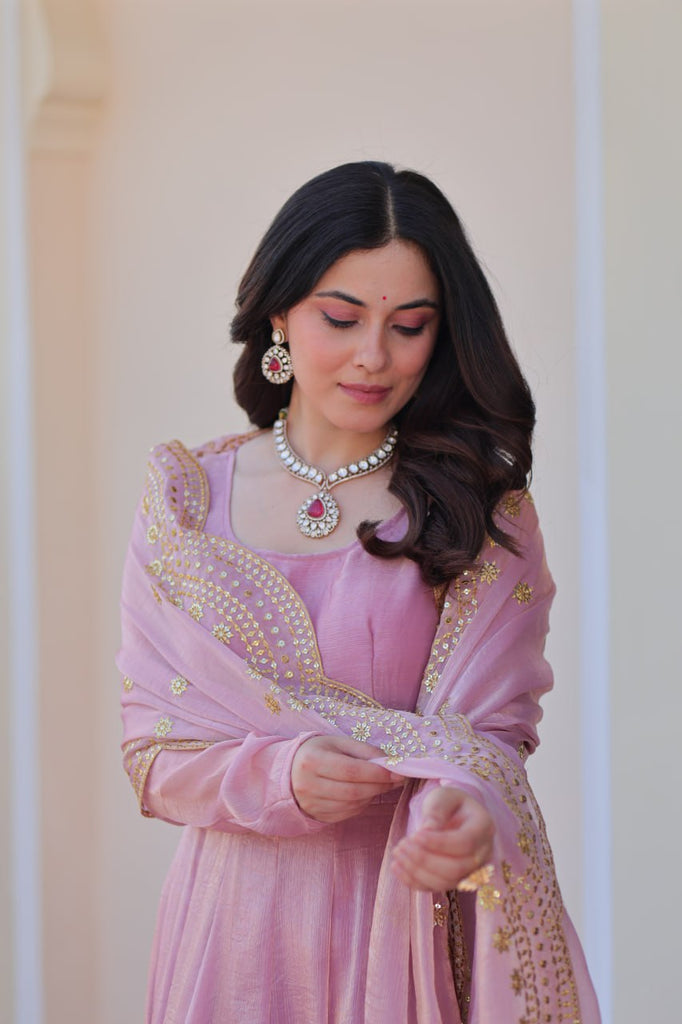 Light Pink Premium Fendy Chiffon 12-Kali Gown with Embroidered Cut-Work Dupatta ClothsVilla