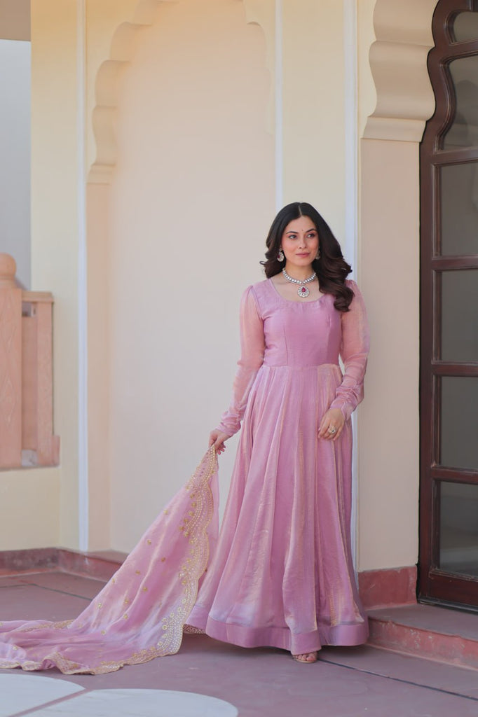 Light Pink Premium Fendy Chiffon 12-Kali Gown with Embroidered Cut-Work Dupatta ClothsVilla