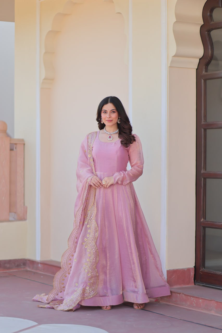 Light Pink Premium Fendy Chiffon 12-Kali Gown with Embroidered Cut-Work Dupatta ClothsVilla Main image