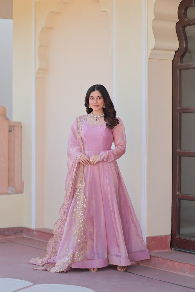 Light Pink Premium Fendy Chiffon 12-Kali Gown with Embroidered Cut-Work Dupatta ClothsVilla