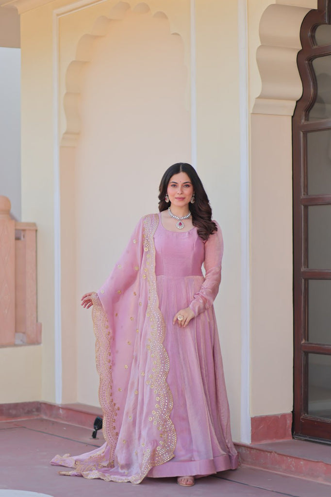 Light Pink Premium Fendy Chiffon 12-Kali Gown with Embroidered Cut-Work Dupatta ClothsVilla