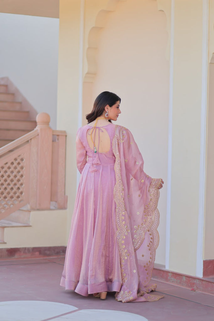 Light Pink Premium Fendy Chiffon 12-Kali Gown with Embroidered Cut-Work Dupatta ClothsVilla