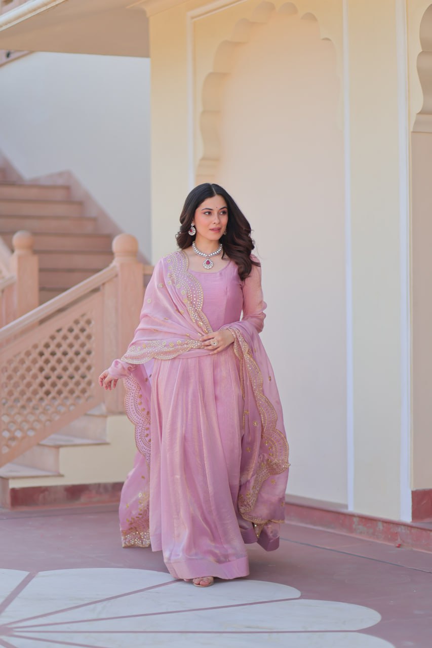 Light Pink Premium Fendy Chiffon 12-Kali Gown with Embroidered Cut-Work Dupatta ClothsVilla