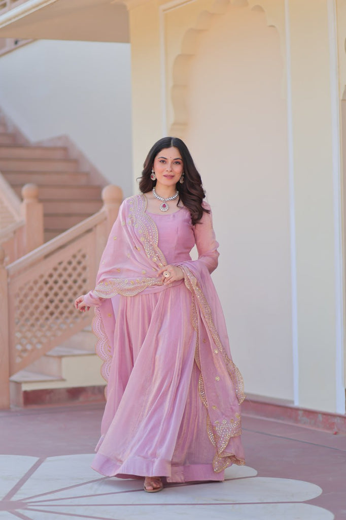 Light Pink Premium Fendy Chiffon 12-Kali Gown with Embroidered Cut-Work Dupatta ClothsVilla