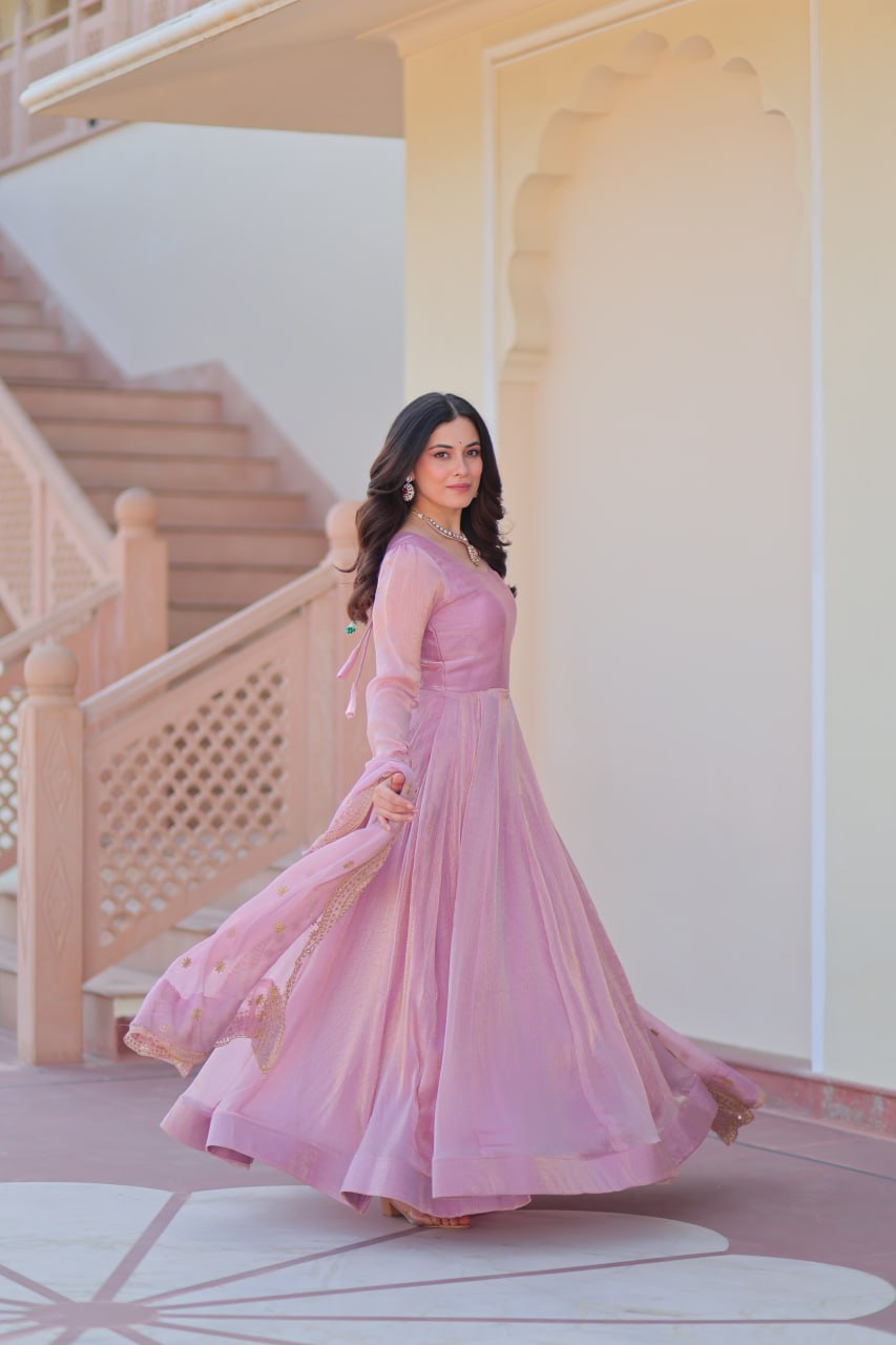 Light Pink Premium Fendy Chiffon 12-Kali Gown with Embroidered Cut-Work Dupatta ClothsVilla