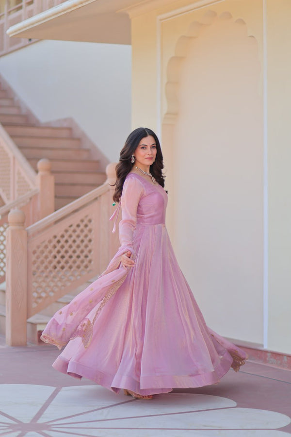 Light Pink Premium Fendy Chiffon 12-Kali Gown with Embroidered Cut-Work Dupatta ClothsVilla