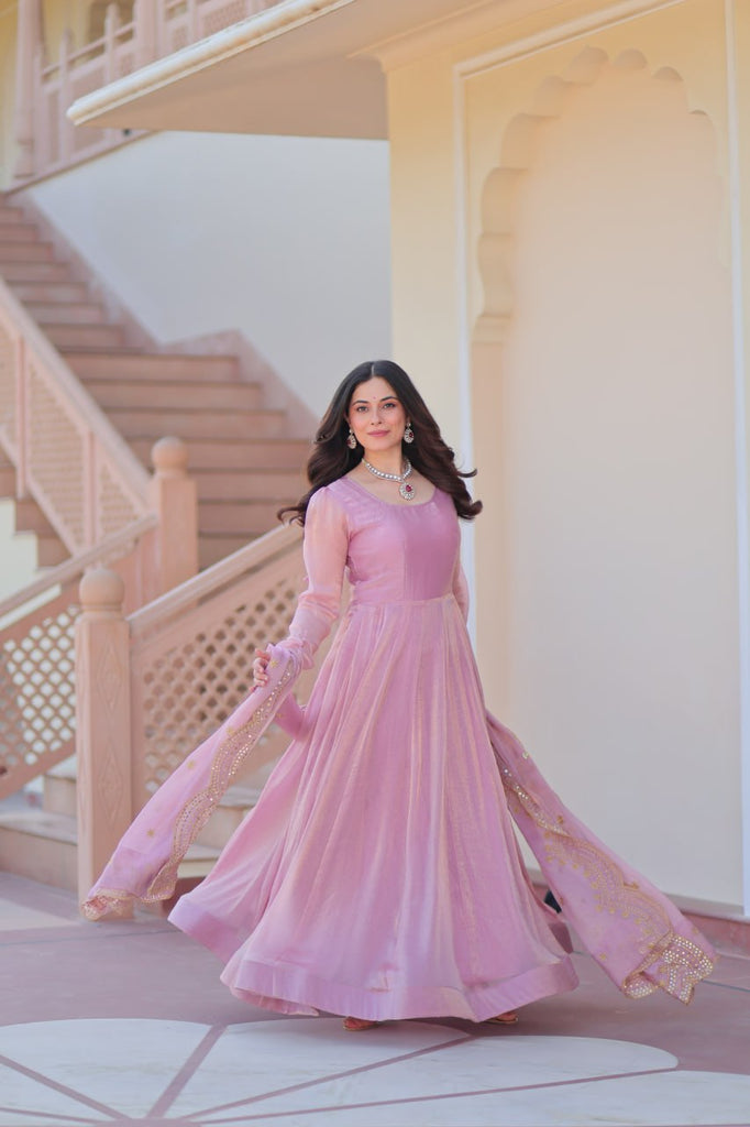 Light Pink Premium Fendy Chiffon 12-Kali Gown with Embroidered Cut-Work Dupatta ClothsVilla