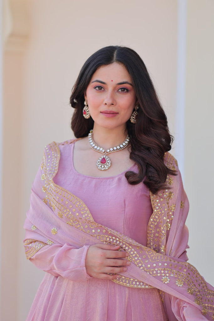 Light Pink Premium Fendy Chiffon 12-Kali Gown with Embroidered Cut-Work Dupatta ClothsVilla