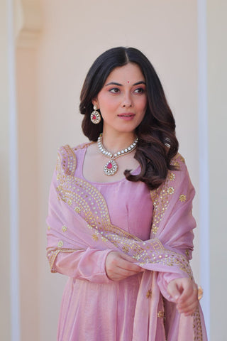 Light Pink Premium Fendy Chiffon 12-Kali Gown with Embroidered Cut-Work Dupatta ClothsVilla