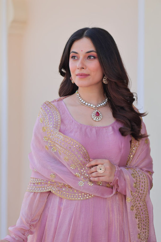 Light Pink Premium Fendy Chiffon 12-Kali Gown with Embroidered Cut-Work Dupatta ClothsVilla