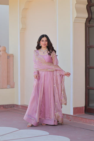 Light Pink Premium Fendy Chiffon 12-Kali Gown with Embroidered Cut-Work Dupatta ClothsVilla