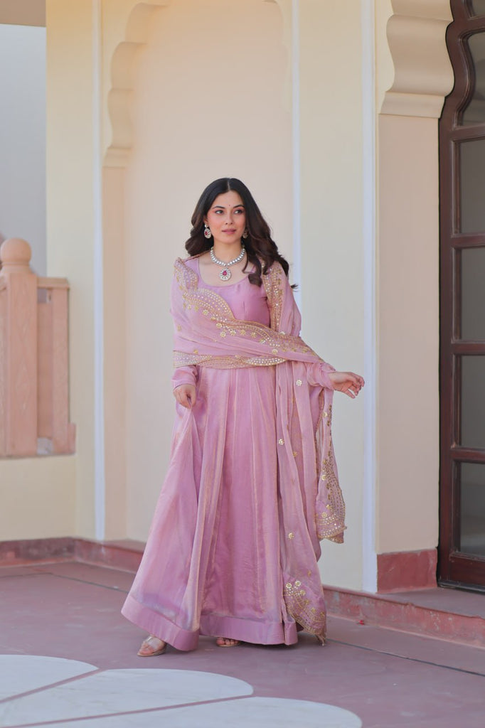 Light Pink Premium Fendy Chiffon 12-Kali Gown with Embroidered Cut-Work Dupatta ClothsVilla