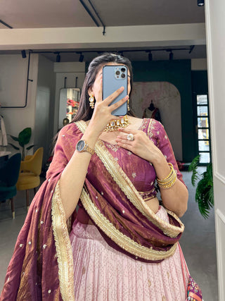 Light Pink Pure Viscose Jacquard Lehenga Choli with Zardosi Work ClothsVilla