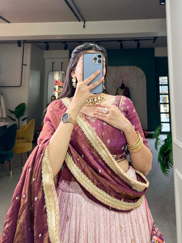 Light Pink Pure Viscose Jacquard Lehenga Choli with Zardosi Work ClothsVilla