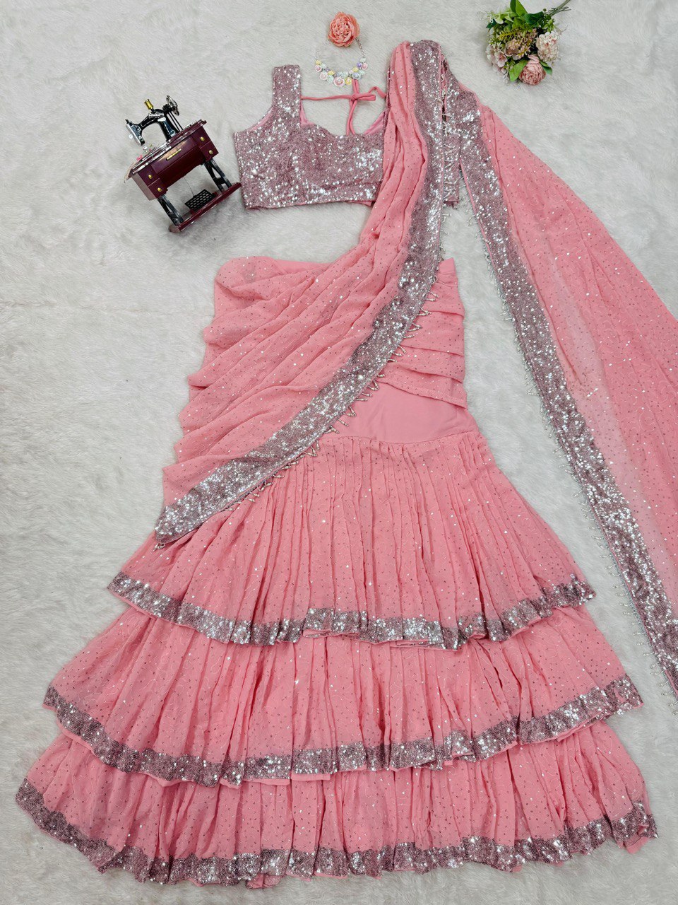 Light Pink Ready-to-Wear Lehenga Saree – Elegant & Stylish