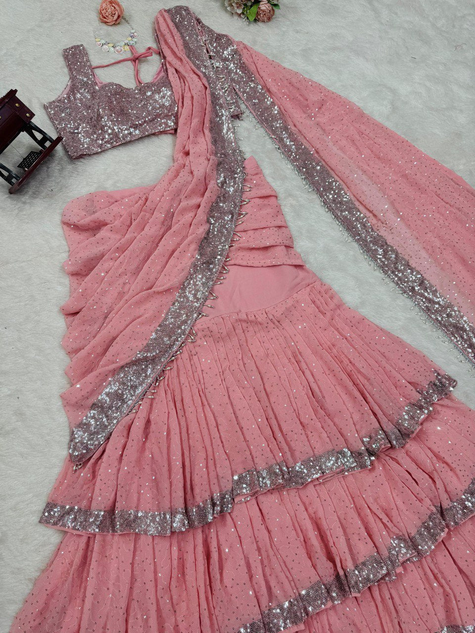 Light Pink Ready-to-Wear Lehenga Saree – Elegant & Stylish