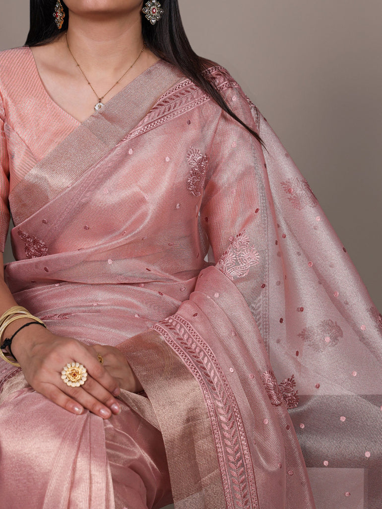 Light Pink Rose Gold Poly Shimmer Saree with Elegant Thread Embroidery and Matching Blouse – Unstitched Ensemble ClothsVilla