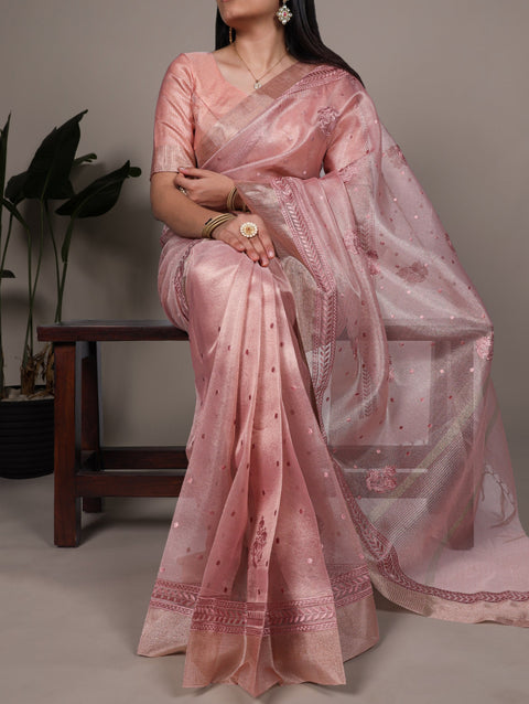 Light Pink Rose Gold Poly Shimmer Saree with Elegant Thread Embroidery and Matching Blouse – Unstitched Ensemble ClothsVilla Main image