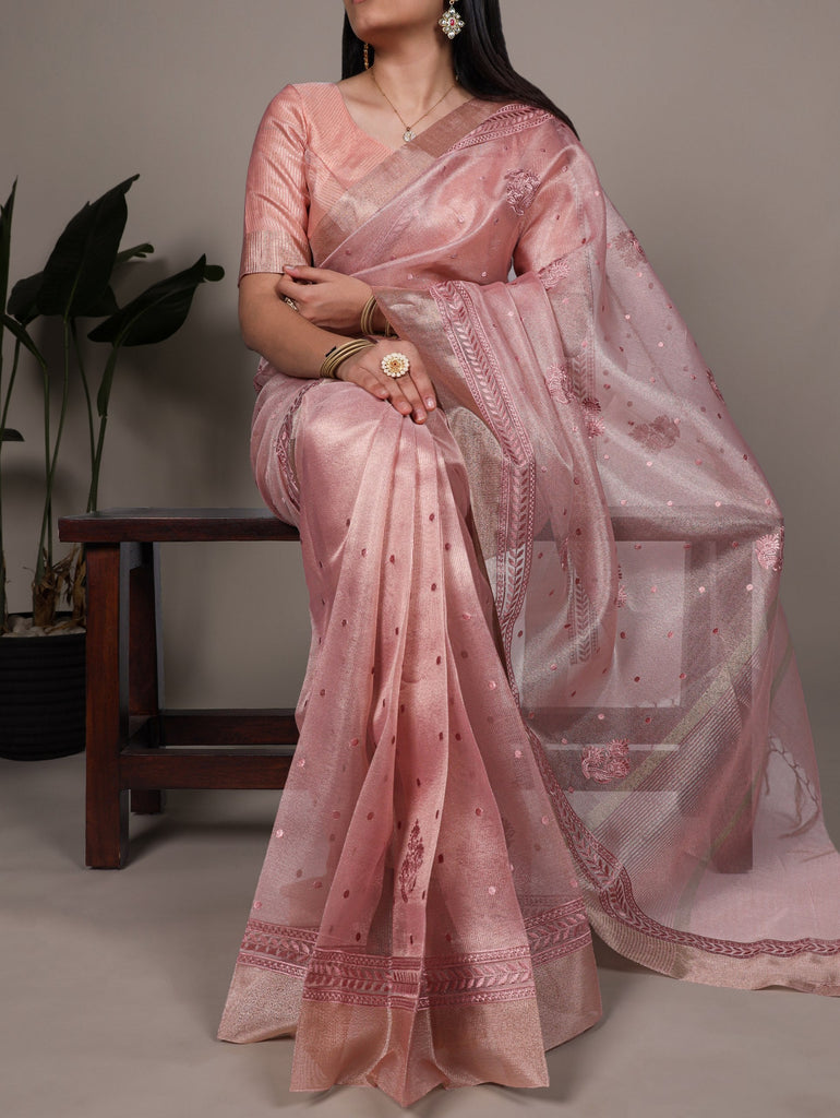 Light Pink Rose Gold Poly Shimmer Saree with Elegant Thread Embroidery and Matching Blouse – Unstitched Ensemble ClothsVilla