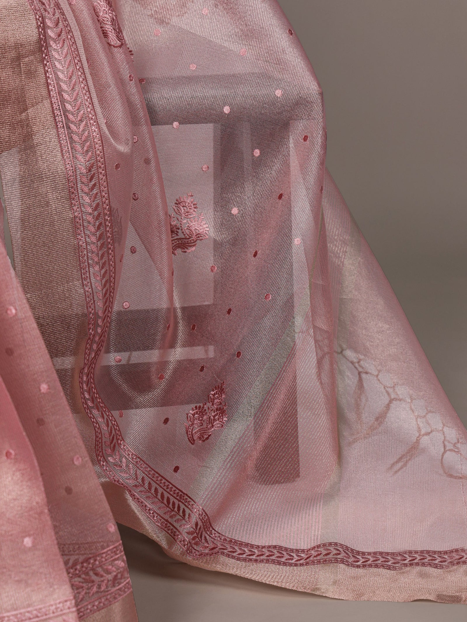 Light Pink Rose Gold Poly Shimmer Saree with Elegant Thread Embroidery and Matching Blouse – Unstitched Ensemble ClothsVilla