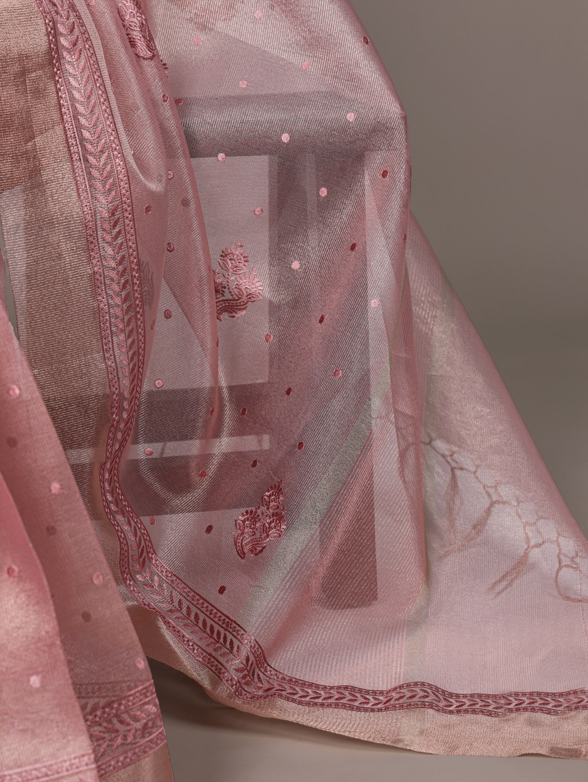 Light Pink Rose Gold Poly Shimmer Saree with Elegant Thread Embroidery and Matching Blouse – Unstitched Ensemble ClothsVilla