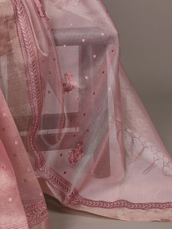 Light Pink Rose Gold Poly Shimmer Saree with Elegant Thread Embroidery and Matching Blouse – Unstitched Ensemble ClothsVilla