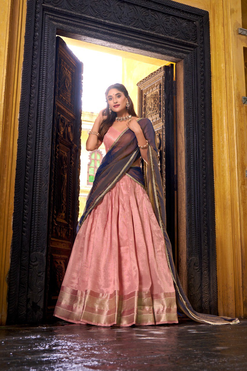 Light Pink Royal Dupion Silk Zari Weaving Lehenga Choli with Zari Shimmer Dupatta – Stitched Traditional Ensemble ClothsVilla