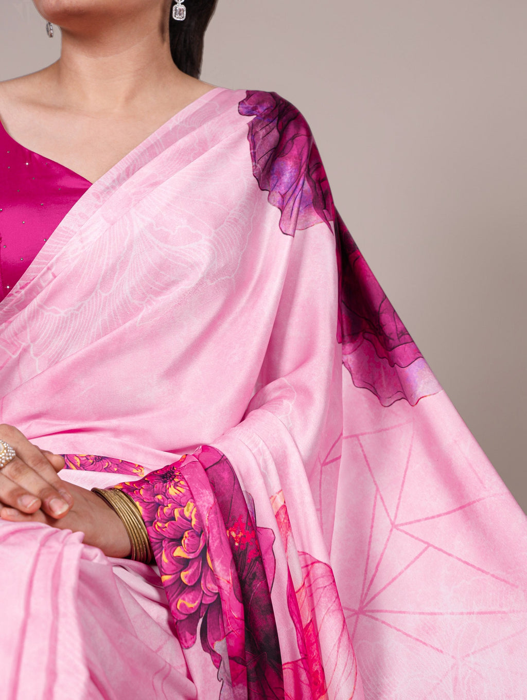 Light Pink Satin Silk Printed Saree with Moonga Silk Hotfix Blouse ClothsVilla