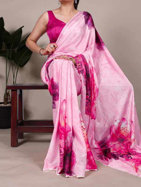Light Pink Satin Silk Printed Saree with Moonga Silk Hotfix Blouse ClothsVilla