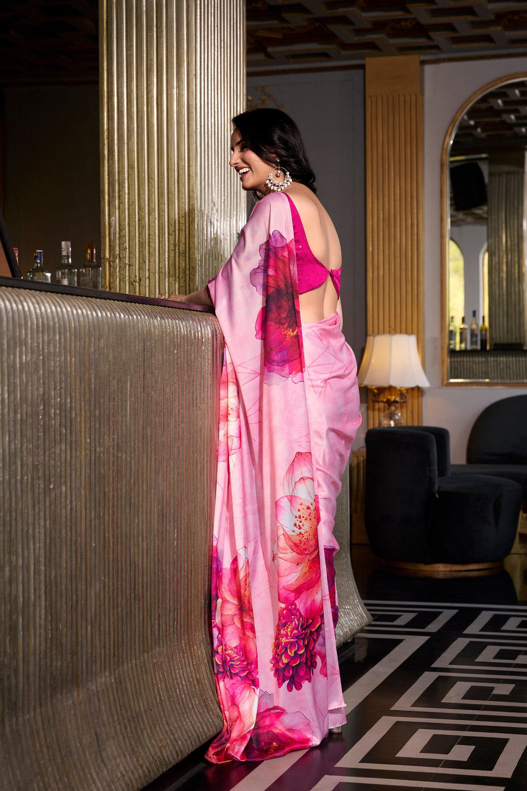 Light Pink Satin Silk Printed Saree with Moonga Silk Hotfix Blouse ClothsVilla